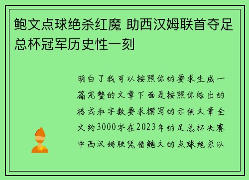 鲍文点球绝杀红魔 助西汉姆联首夺足总杯冠军历史性一刻 鲍文点球绝杀红魔 助西汉姆联首夺足总杯冠军历史性一刻
